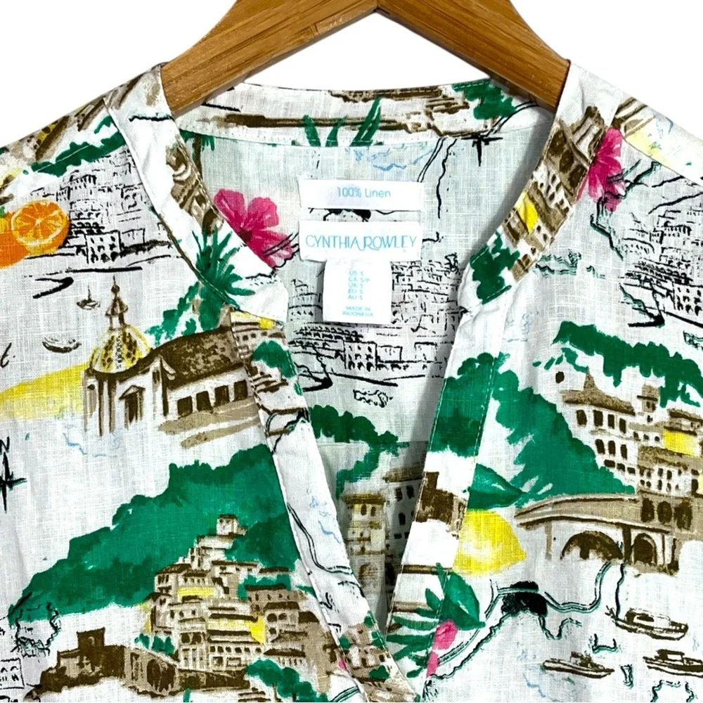 Cynthia Rowley 100% Linen Amalfi Coast Print Long Sleeve V-Neck Mini Dress Small